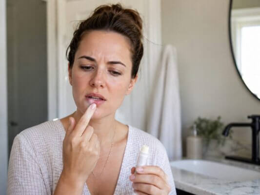 A concerned woman touches her irritated lips while holding a lip balm in a softly lit bathroom.
