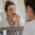 A woman examines the inside of her mouth in a bathroom mirror after brushing her teeth.