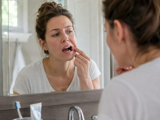 A woman examines the inside of her mouth in a bathroom mirror after brushing her teeth.