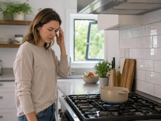 A Western woman stands in a bright modern kitchen holding her temple beside a lit gas stove, looking uncomfortable while a pot heats under the range hood.