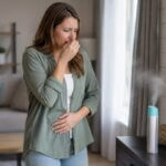 A woman feels nauseous and covers her nose while standing near a spraying air freshener in a modern living room.