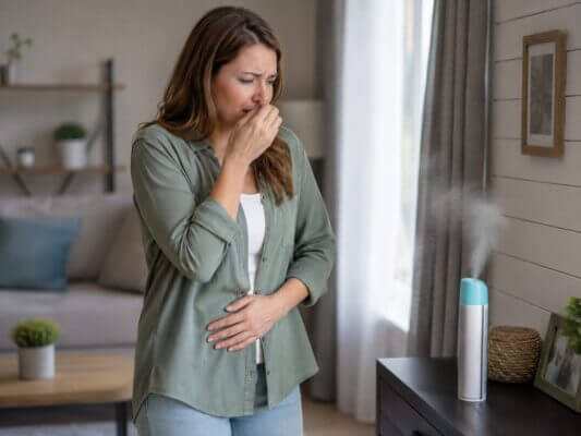A woman feels nauseous and covers her nose while standing near a spraying air freshener in a modern living room.