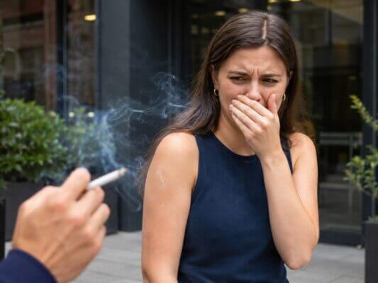 Woman covering her nose and mouth while reacting with nausea and discomfort to nearby cigarette smoke.