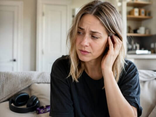 A concerned Western woman touches one ear beside headphones after experiencing muffled hearing from loud music.