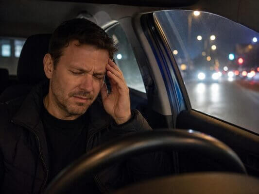 A Western man sitting in a car at night holds his temple in pain while blurred headlights and streetlights glow outside the window.