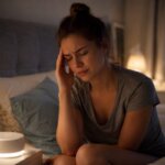 A tired young Western woman sits on her bed at night, holding her temple beside a glowing white-noise machine in a softly lit bedroom.