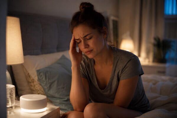 A tired young Western woman sits on her bed at night, holding her temple beside a glowing white-noise machine in a softly lit bedroom.