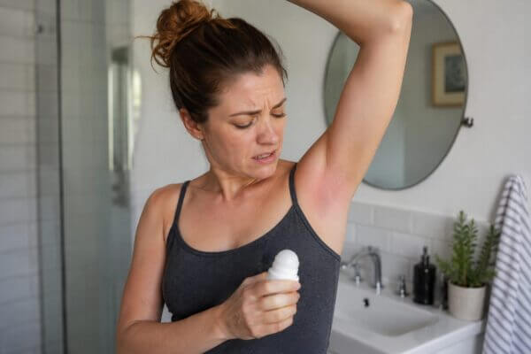 A Western woman in a bathroom looks uncomfortable while holding a deodorant bottle and checking a slightly irritated underarm.
