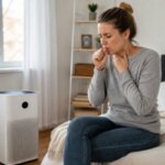 A Western woman coughing beside an air purifier in a bright, natural bedroom.
