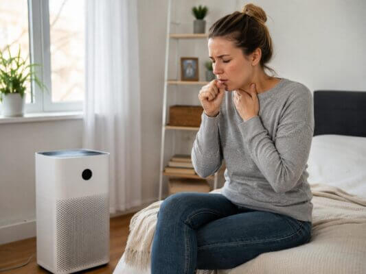 A Western woman coughing beside an air purifier in a bright, natural bedroom.