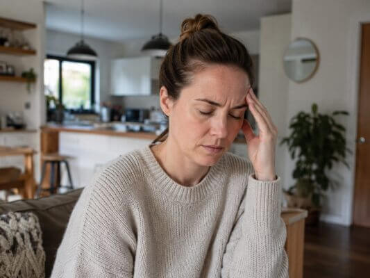 A tired woman sits in her home with one hand pressed to her temple, showing a headache in a calm living room and kitchen setting.