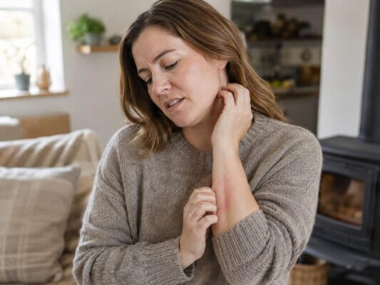 Woman in a wool sweater scratching irritated skin on her neck and forearm indoors