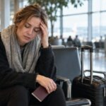 A tired Western traveler sitting in an airport terminal after a flight, gently pressing her temple while resting beside her luggage.