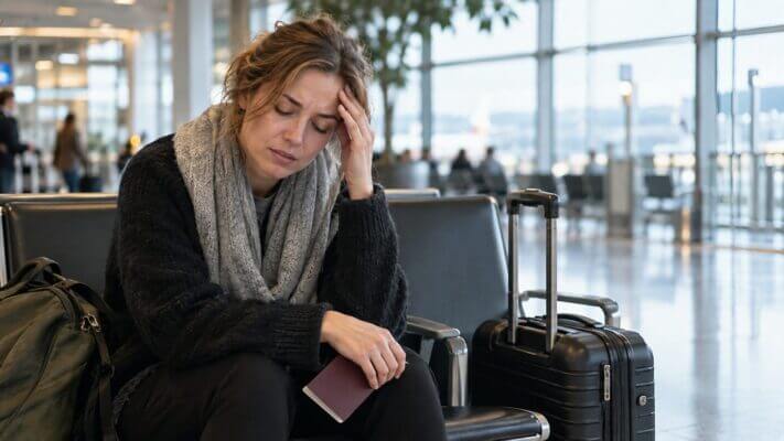 A tired Western traveler sitting in an airport terminal after a flight, gently pressing her temple while resting beside her luggage.