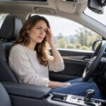 Woman sitting in a new car and touching her temple as she experiences a headache from the interior smell.