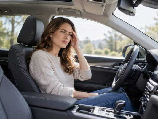 Woman sitting in a new car and touching her temple as she experiences a headache from the interior smell.