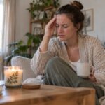 Woman holding her forehead with a headache while a scented candle burns nearby in a cozy living room.