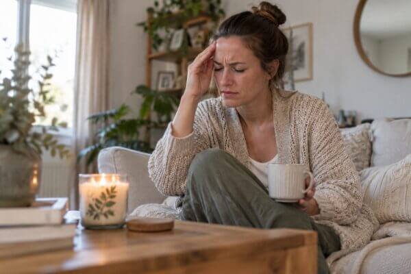 Woman holding her forehead with a headache while a scented candle burns nearby in a cozy living room.